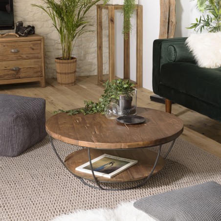 SIXTINE Round Shell Coffee Table 80x80cm Double Top Recycled Teak Black Metal