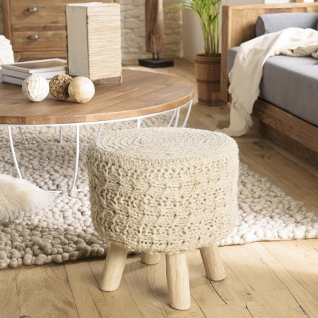 Tabouret bohème SACHA 40x40cm bois et laine ivoire