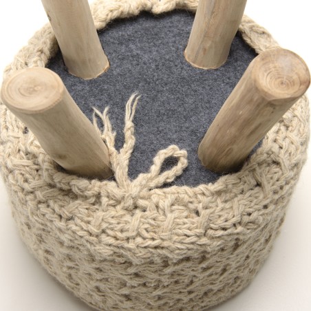 SACHA - Round Bohemian Stool, 40 x 40 cm, Wood and Ivory Wool
