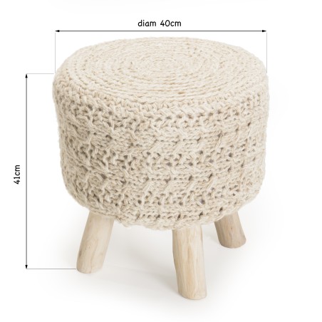 SACHA - Round Bohemian Stool, 40 x 40 cm, Wood and Ivory Wool