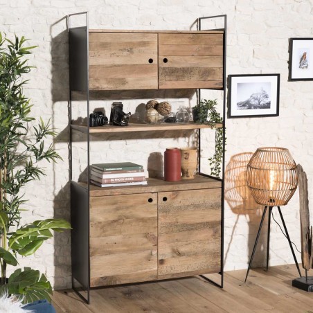DANDY 4-Door Bookcase - Natural Recycled Pine & Black Metal