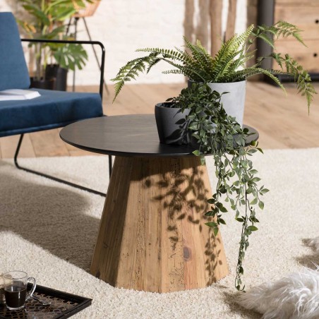 DANDY Round Side Table 60x60cm Recycled Pine Wood Black Top Natural Base