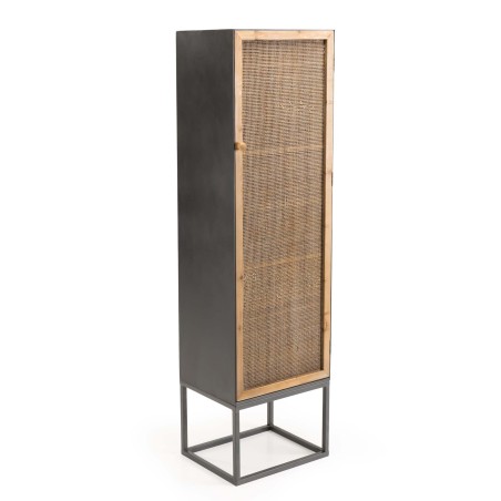 DORIA - Black Metal Wardrobe 1 Door 2 Shelves Natural Cane