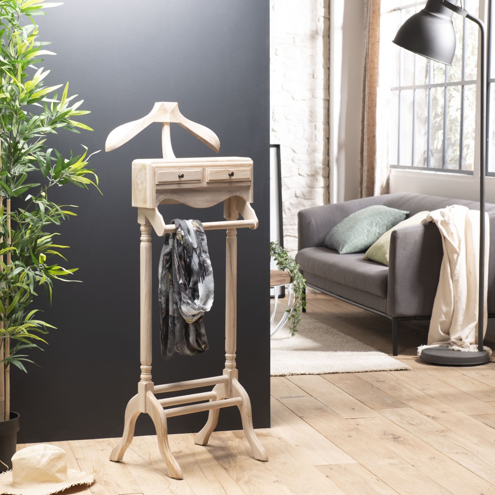 INES - Whitewashed Teak Wood Valet Stand with 2 Drawers