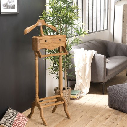 Brown Teak Wood Valet Stand - Bedroom Clothes Organizer
