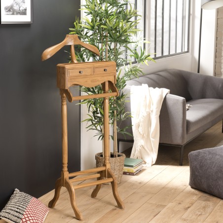 Brown Teak Wood Valet Stand - Bedroom Clothes Organizer