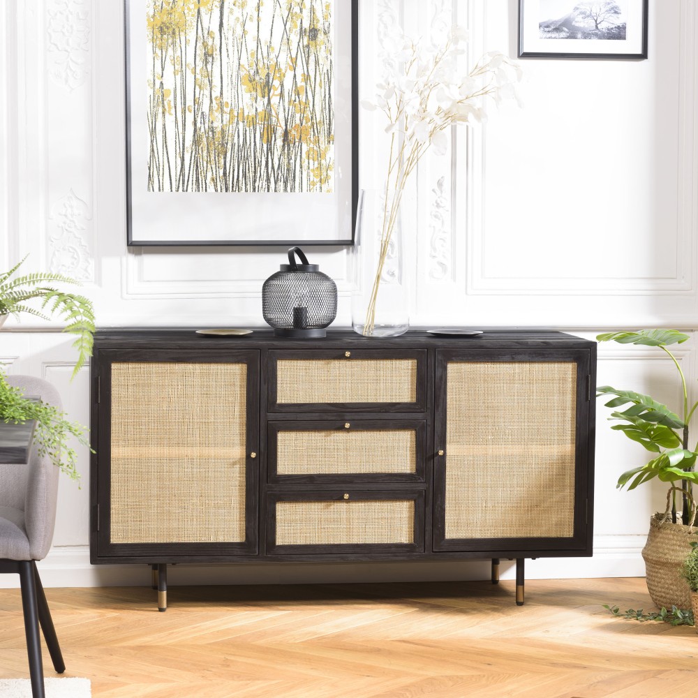 Buffet YANIS - Bois Pin Noir 3 Tiroirs 2 Portes Cannage Buffet YANIS - Bois Pin Noir 3 Tiroirs 2 Portes Cannage