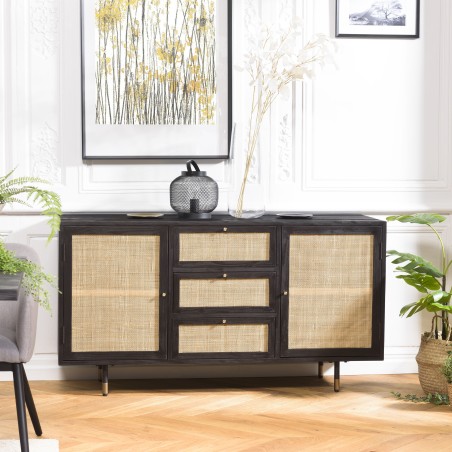 YANIS Black Pine Sideboard with 3 Drawers and 2 Cane Doors