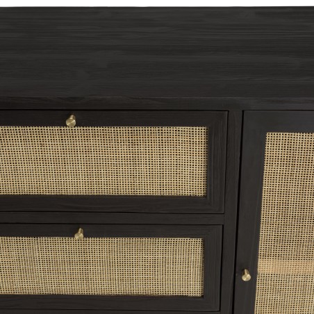 Buffet YANIS - Bois Pin Noir 3 Tiroirs 2 Portes Cannage