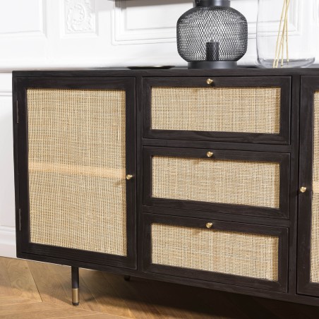 Buffet YANIS - Bois Pin Noir 3 Tiroirs 2 Portes Cannage