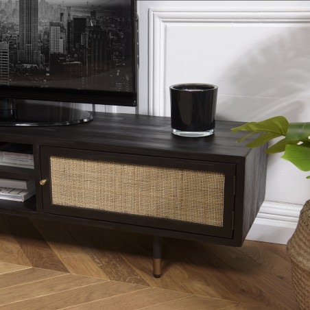 YANIS - Black Pinewood TV Stand with 2 Niches 2 Doors Cane