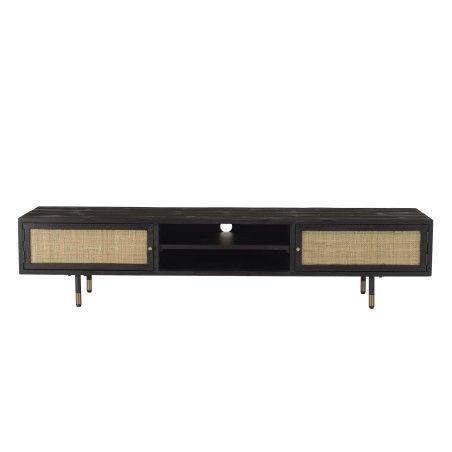YANIS - Black Pinewood TV Stand with 2 Niches 2 Doors Cane