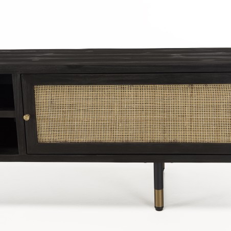 YANIS - Black Pinewood TV Stand with 2 Niches 2 Doors Cane