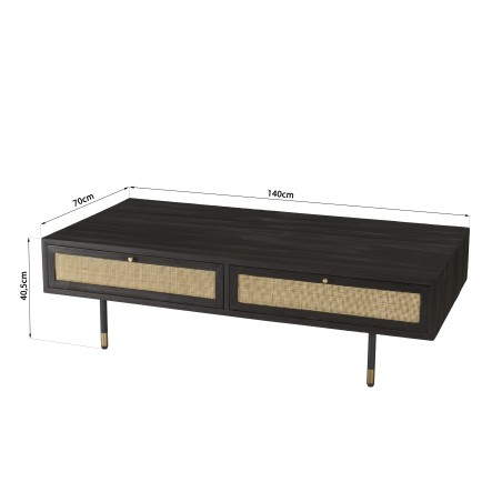 Table basse YANIS - Bois Pin noir 4 tiroirs cannage