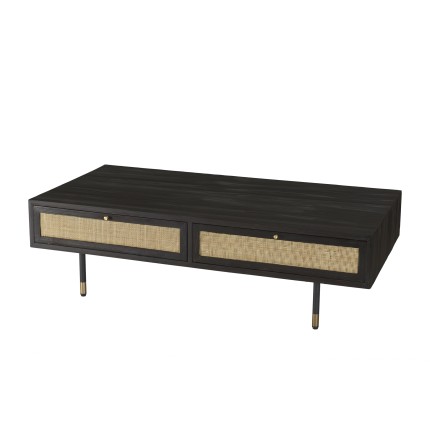 YANIS Black Pine Coffee Table with 4 Drawers and Cane Top
