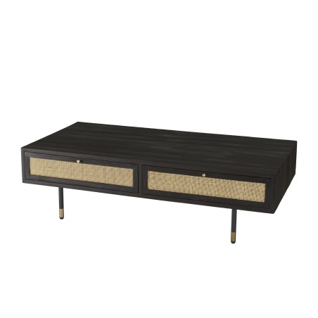 YANIS Black Pine Coffee Table with 4 Drawers and Cane Top