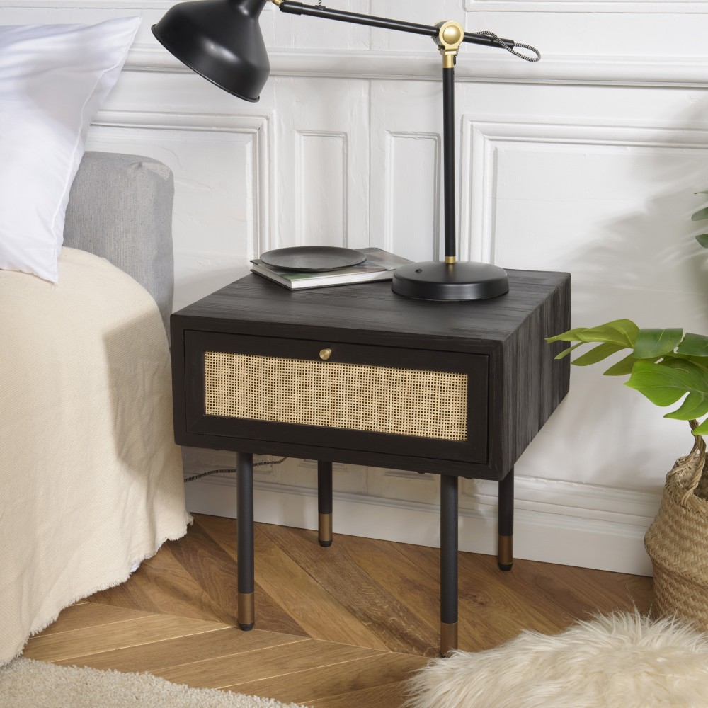 YANIS Black Pine Bedside Table with 1 Drawer and Cane Top YANIS Black Pine Bedside Table with 1 Drawer and Cane Top