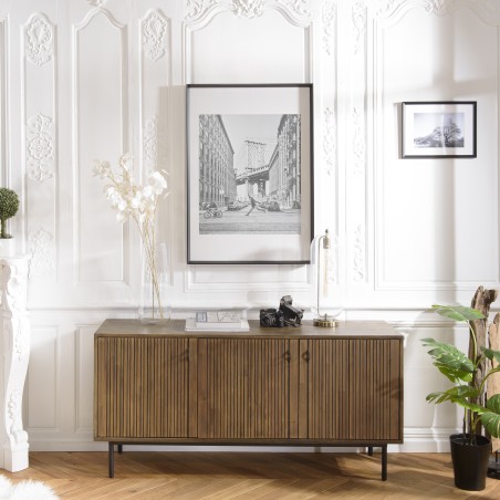 GINO Brown Buffet 3 Doors Acacia Black Metal Legs