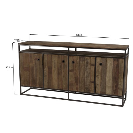 SIXTINE Brown Buffet 4 Doors 1 Shelf Mahogany Recycled Metal