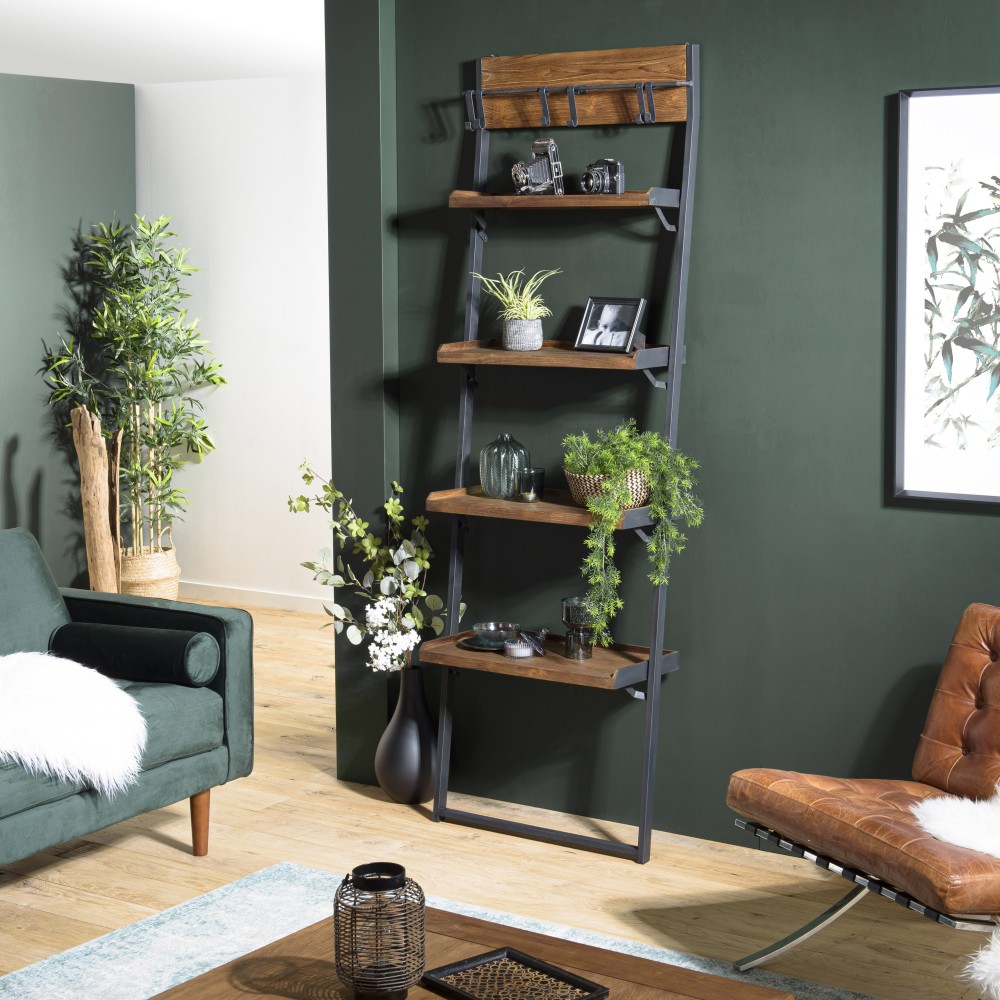 SIXTINE Wall Shelf Brown Teak 4 Levels Recycled Metal Structure