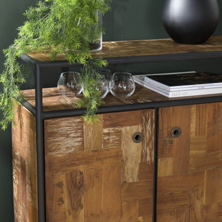 SIXTINE Brown Sideboard on Castors - Recycled Teak & Black Metal
