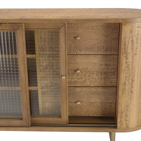YSEULT Natural Wood Buffet with Glass Sliding Doors and 3 Drawers