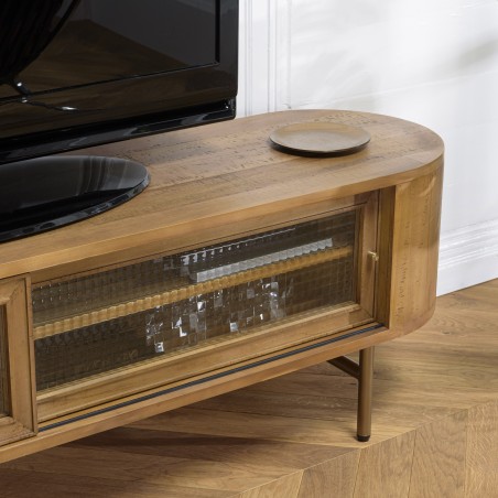 YSEULT Rounded Natural Wood TV Stand - 2 Sliding Glass Doors