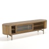 YSEULT Rounded Natural Wood TV Stand - 2 Sliding Glass Doors