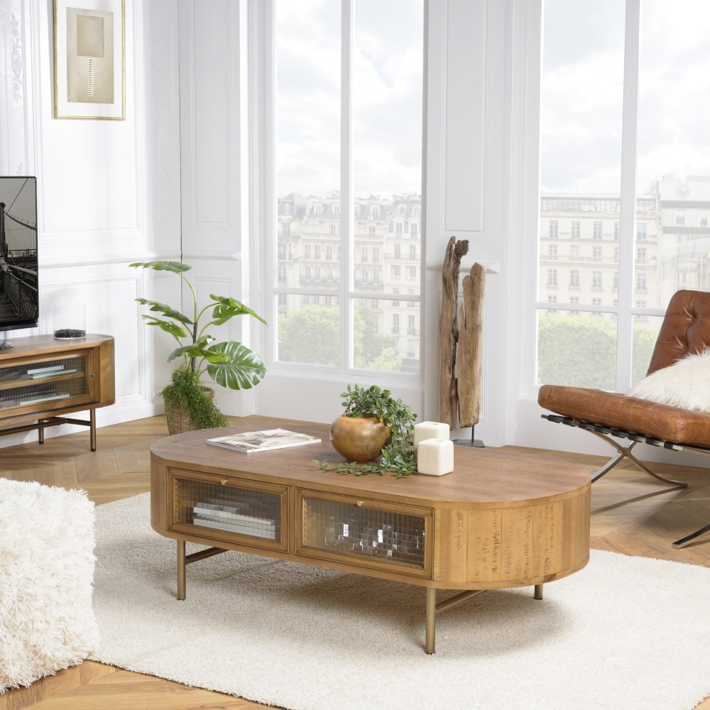 Table basse ovale YSEULT bois Peuplier 4 tiroirs vitrés