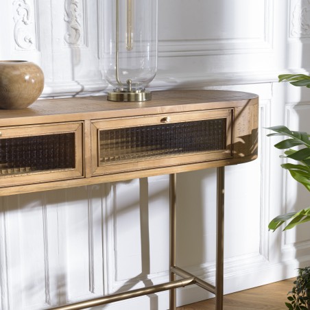 YSEULT - Natural Wood Rounded Console with 2 Glass Drawers