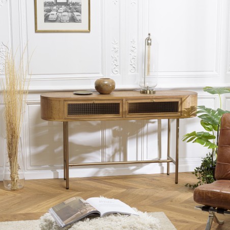 YSEULT - Natural Wood Rounded Console with 2 Glass Drawers