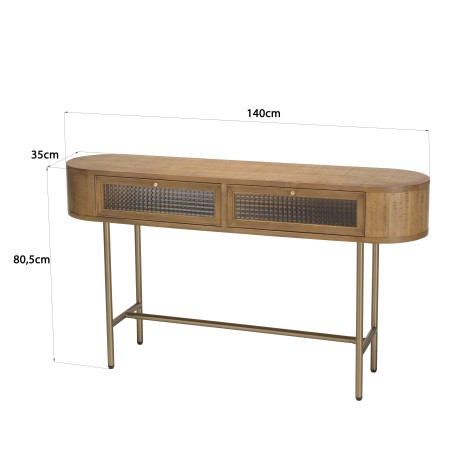 YSEULT - Natural Wood Rounded Console with 2 Glass Drawers