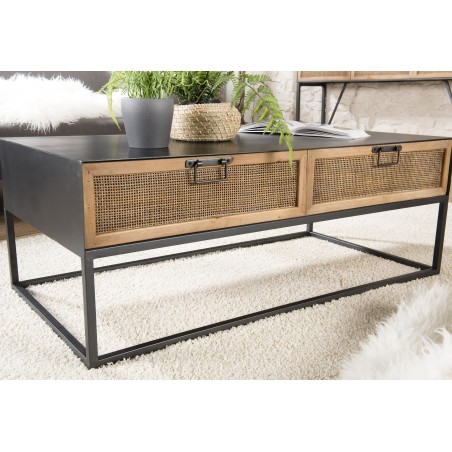 DORIA Rectangular Black Metal Coffee Table with 2 Natural Cane Drawers