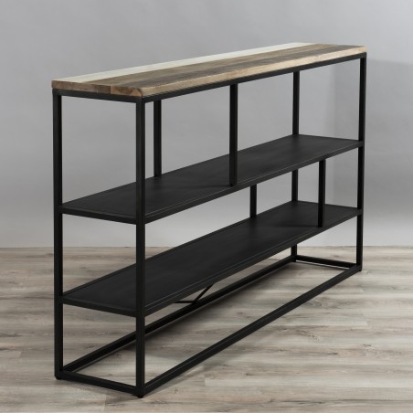 LEANDRE Black 'S' Shelf 160x90cm - Modern 3-Tier Acacia Wood and Steel