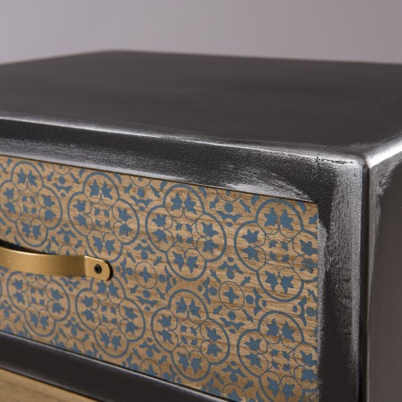 LEON Black Bedside Table with 2 Brown Drawers - Pine Motifs