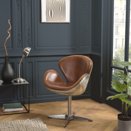 Fauteuil marron NEVADA vintage en cuir et aluminium
