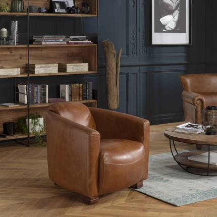 OCTAVE CHICAGO Vintage Brown Leather Armchair - Wooden Legs