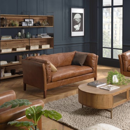 OCTAVE Vintage Brown MILANO 3-Seater Sofa - Wood Legs