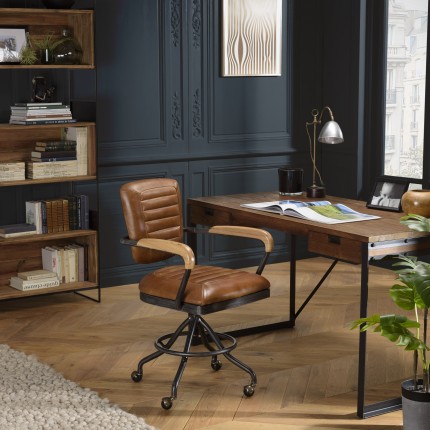 Fauteuil de bureau vintage OCTAVE en cuir marron et métal noir