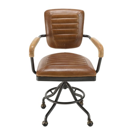 Fauteuil de bureau vintage OCTAVE en cuir marron et métal noir