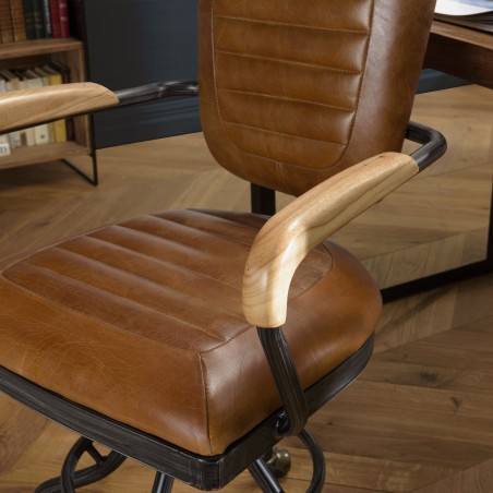 Fauteuil de bureau vintage OCTAVE en cuir marron et métal noir