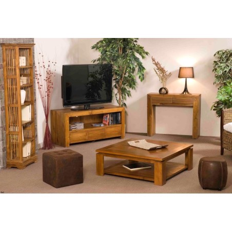 Modern Brown Teak Wood Console Table with 2 Drawers