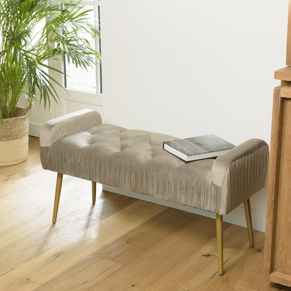 AGATHE Taupe Velvet Bed Bench with Gold Metal Legs AGATHE Taupe Velvet Bed Bench with Gold Metal Legs