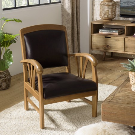 Fauteuil teck et cuir marron WALLY