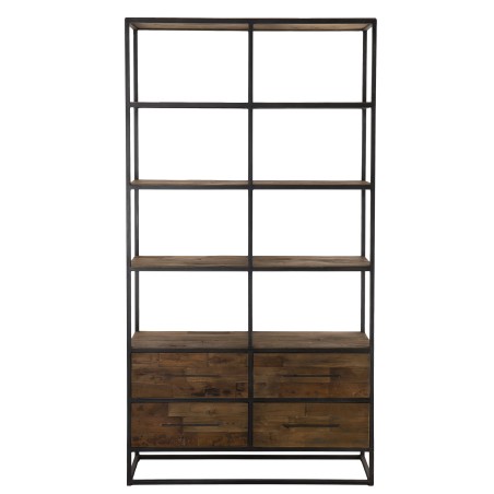 SIXTINE - Brown 4 Tier 4 Drawer Recycled Teak and Black Metal Shelf