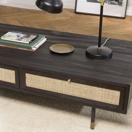 Table basse YANIS - Bois Pin noir 4 tiroirs cannage