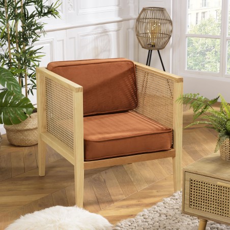 AGATHE Cane Armchair with Removable Orange Velvet Seat