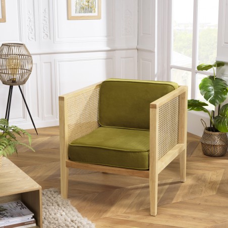 AGATHE Cane Armchair with Removable Green Velvet Seat