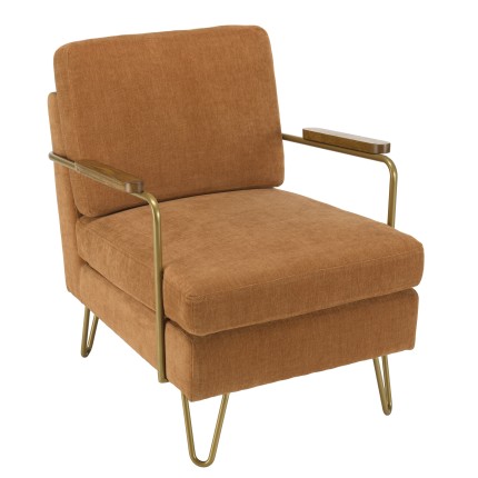 AGATHE Orange Fabric Lounge Chair with Gold Metal and Wooden Armrests