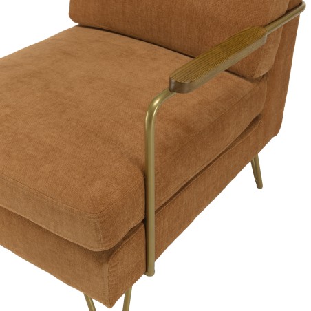 AGATHE Orange Fabric Lounge Chair with Gold Metal and Wooden Armrests